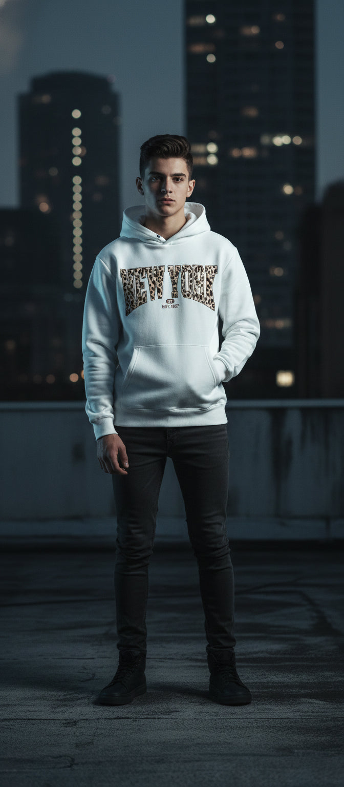 Oversized New York Hoodie for Men & Women | Leopard Graphic Streetwear Sweatshirt | Winter Warm Unisex Hoodie