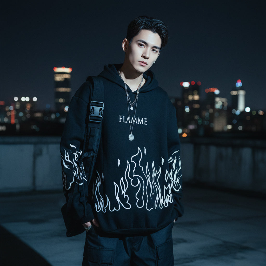 FLAMME Street Flame Hoodie | Unisex Oversized Winter Hoodie | Graphic Streetwear Sweatshirt for Men & Women
