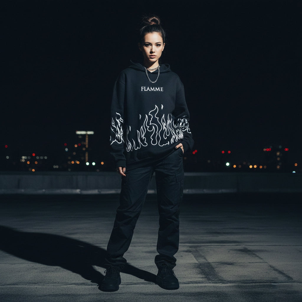 FLAMME Street Flame Hoodie | Unisex Oversized Winter Hoodie | Graphic Streetwear Sweatshirt for Men & Women