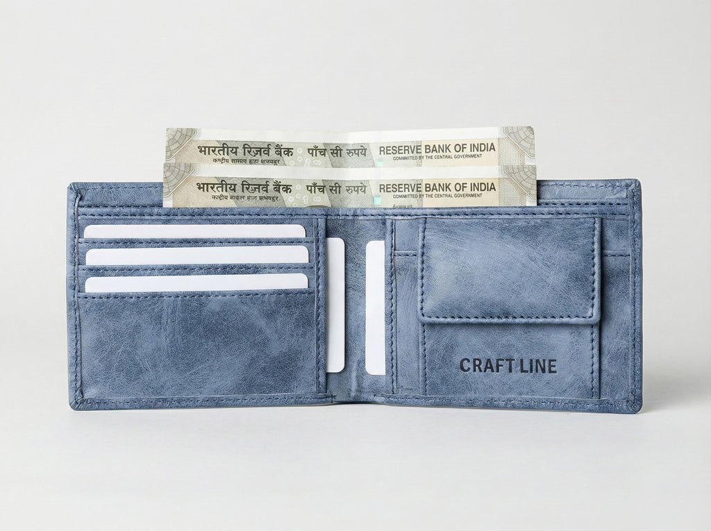 CraftLine Leather Wallet for Men – Stylish Slim Bi-Fold Wallet with Multiple Card Slots – Sky Blue