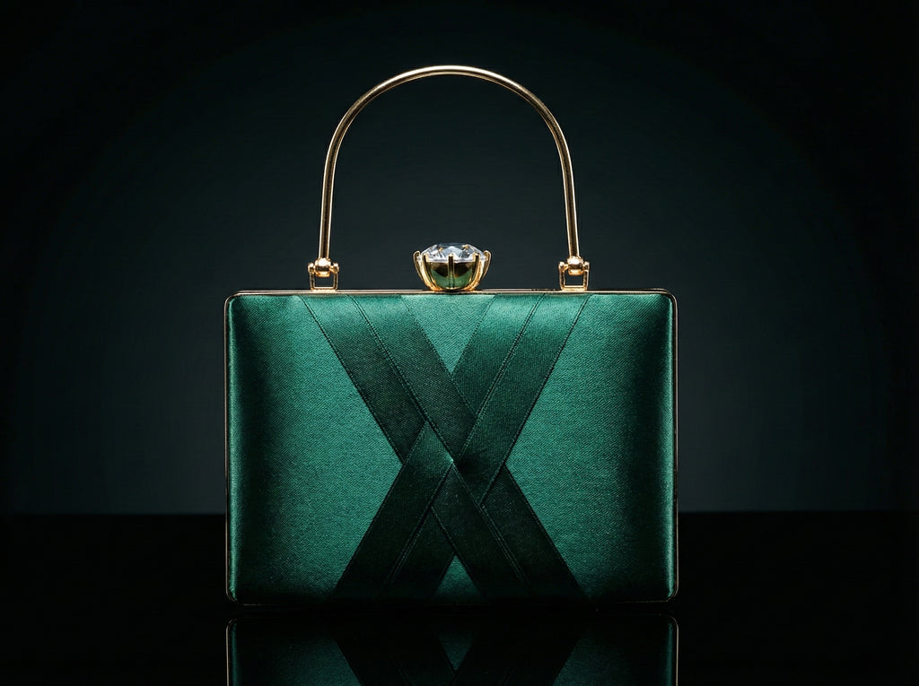 Emerald Green Designer Bridal Clutch for Women | Premium Satin Party Handbag with Golden Handle & Chain