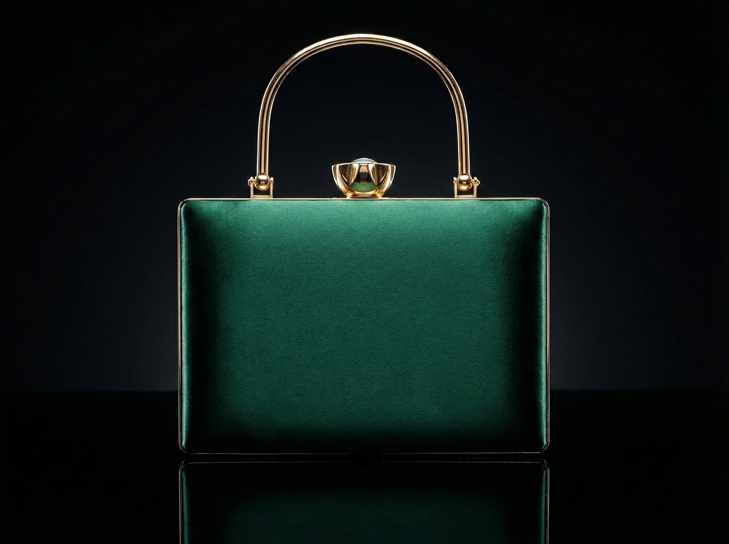 Emerald Green Designer Bridal Clutch for Women | Premium Satin Party Handbag with Golden Handle & Chain