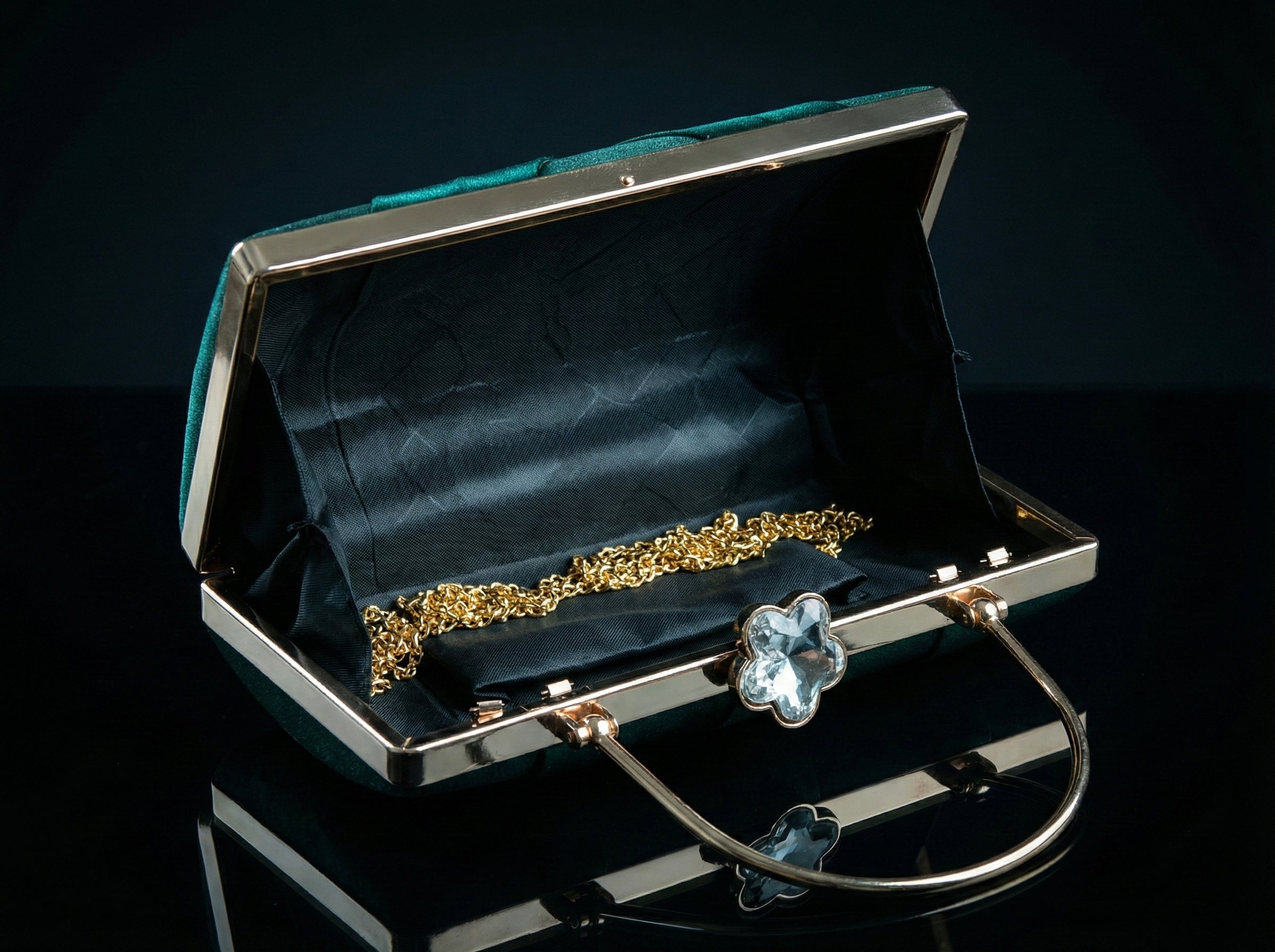 Emerald Green Designer Bridal Clutch for Women | Premium Satin Party Handbag with Golden Handle & Chain