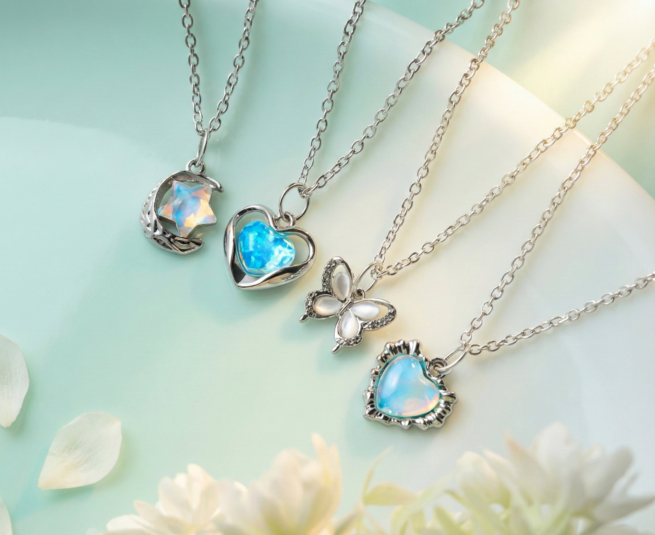 Pack of 4 Aesthetic Silver Charm Pendant Necklaces for Women & Girls – Korean Minimal Jewelry – Heart, Moon & Butterfly Design