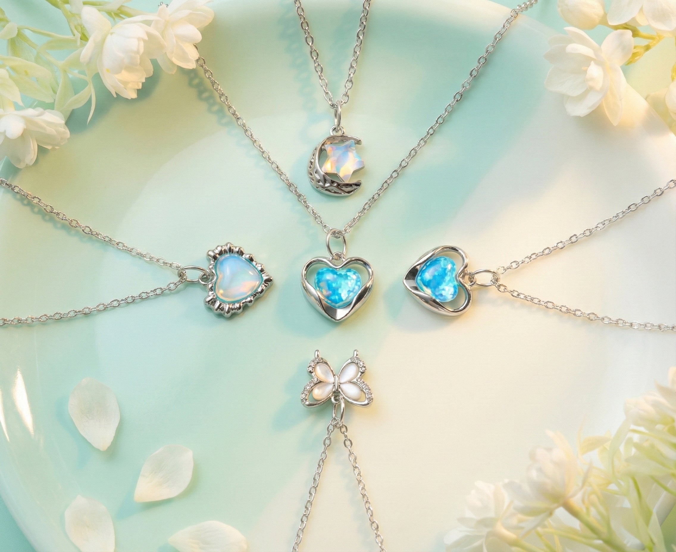 Pack of 4 Aesthetic Silver Charm Pendant Necklaces for Women & Girls – Korean Minimal Jewelry – Heart, Moon & Butterfly Design