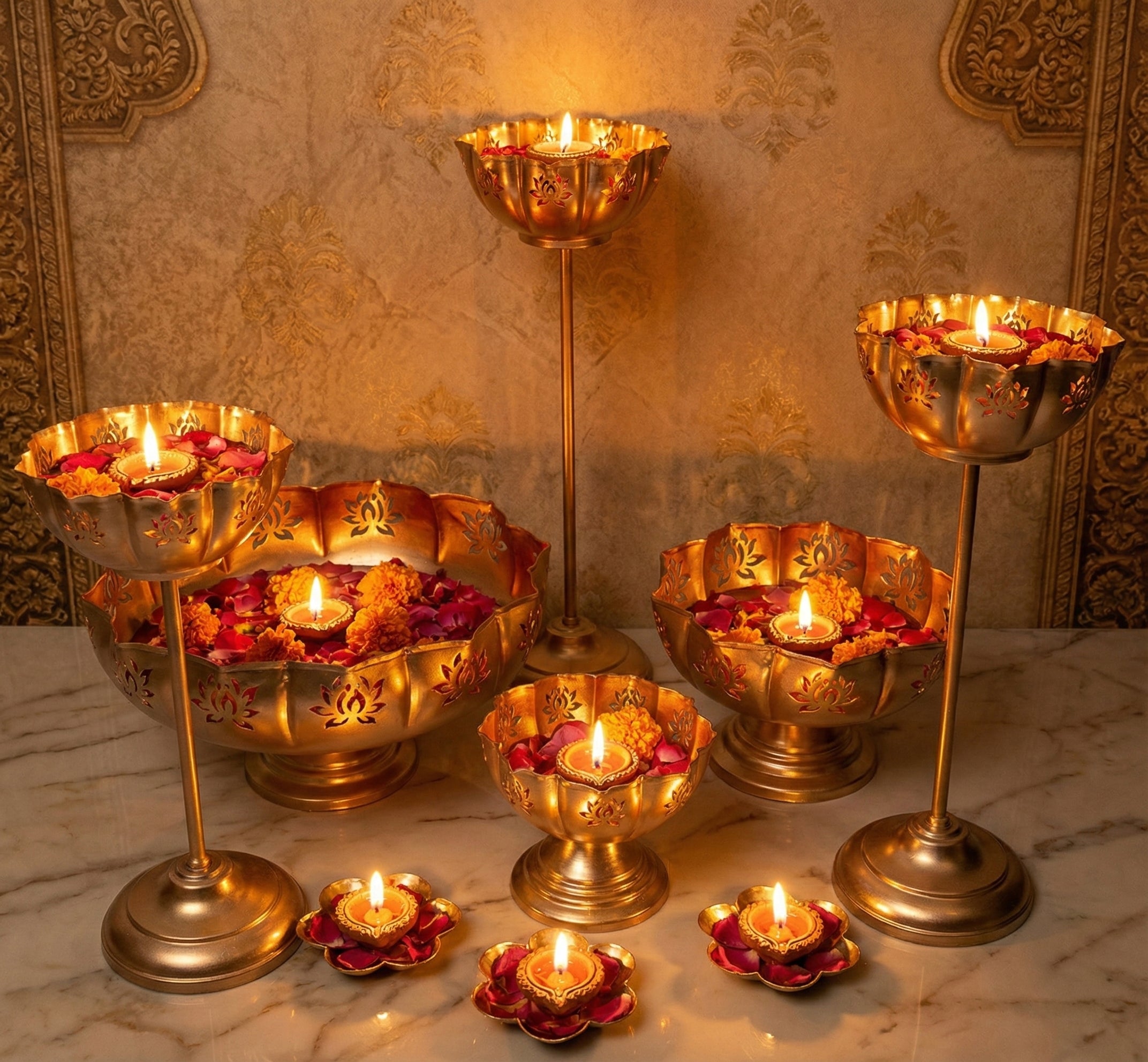 Premium Lotus Urli Bowl Set with Floating Diya | Home Decor & Festival Decoration | 9 Pieces Set