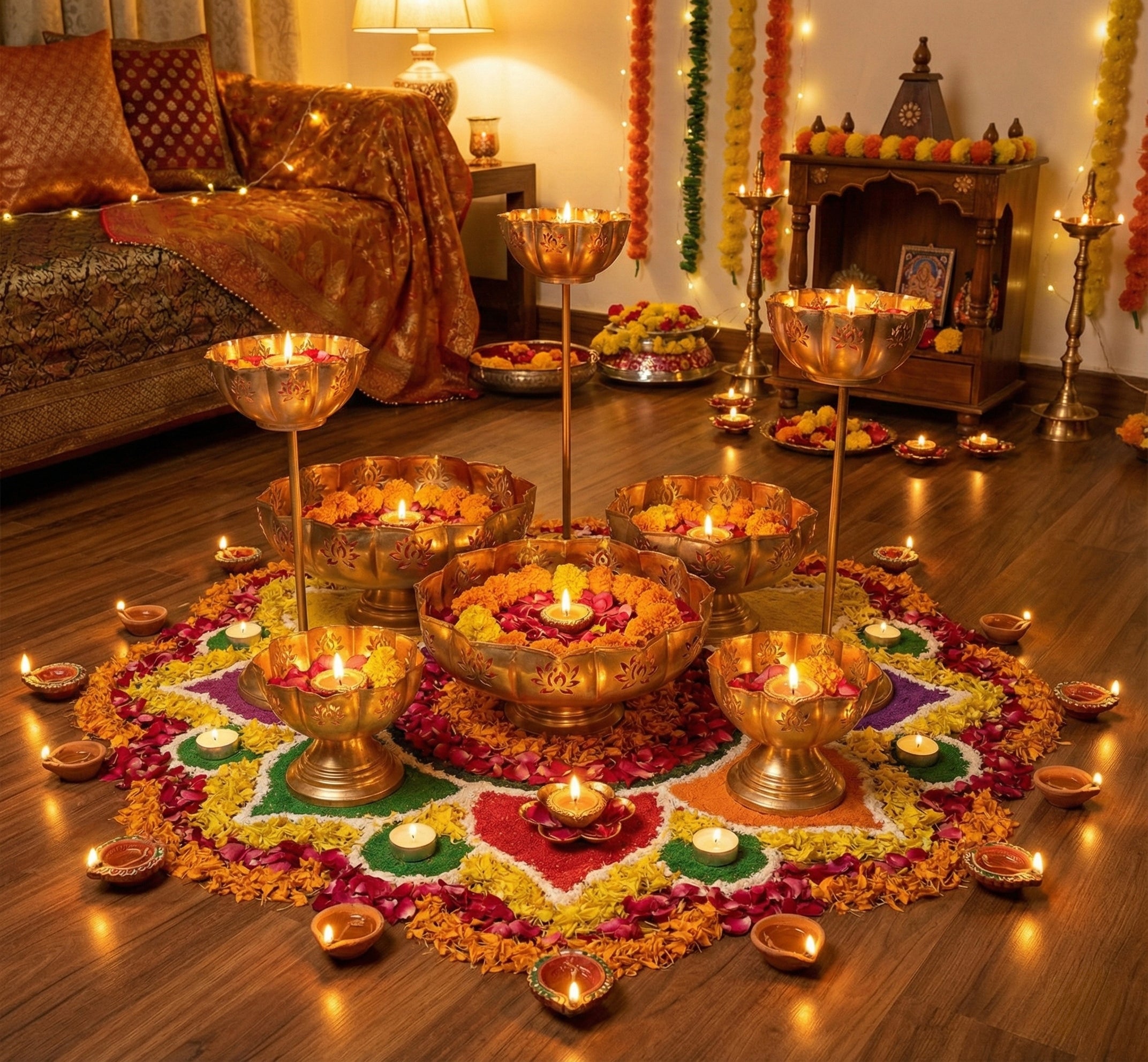 Premium Lotus Urli Bowl Set with Floating Diya | Home Decor & Festival Decoration | 9 Pieces Set