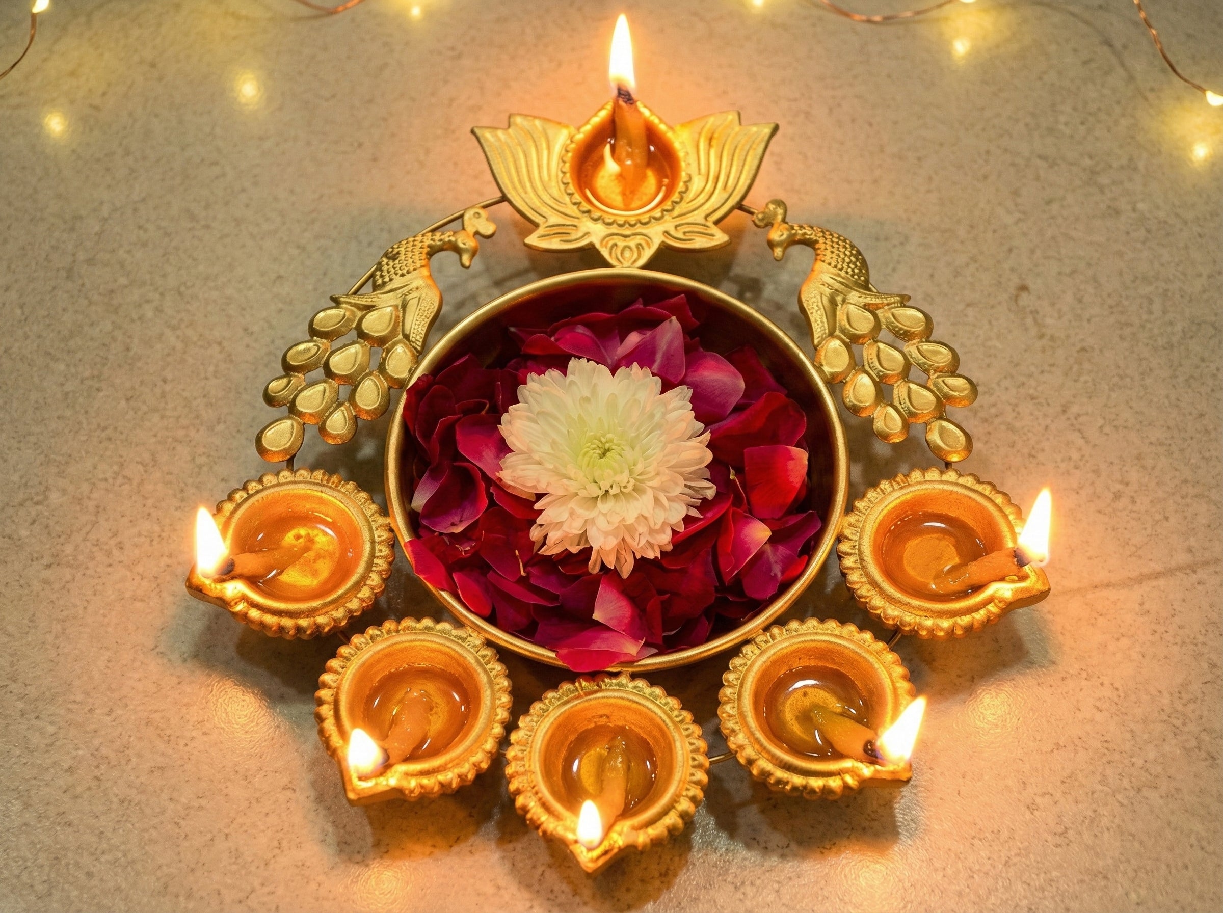 Premium Peacock Urli Candle Holder with Diya | Festive Decoration for Home & Pooja Room | Gold Metal | Set of 1