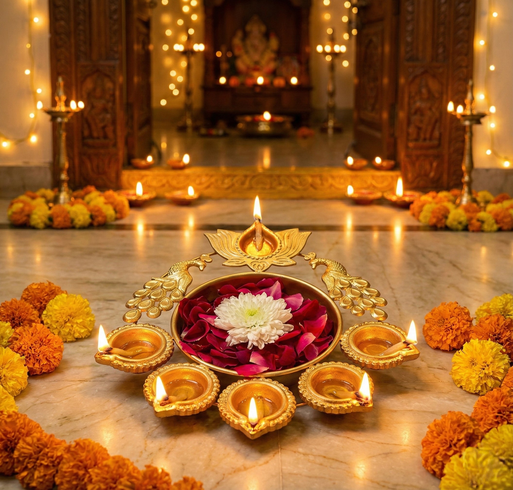 Premium Peacock Urli Candle Holder with Diya | Festive Decoration for Home & Pooja Room | Gold Metal | Set of 1