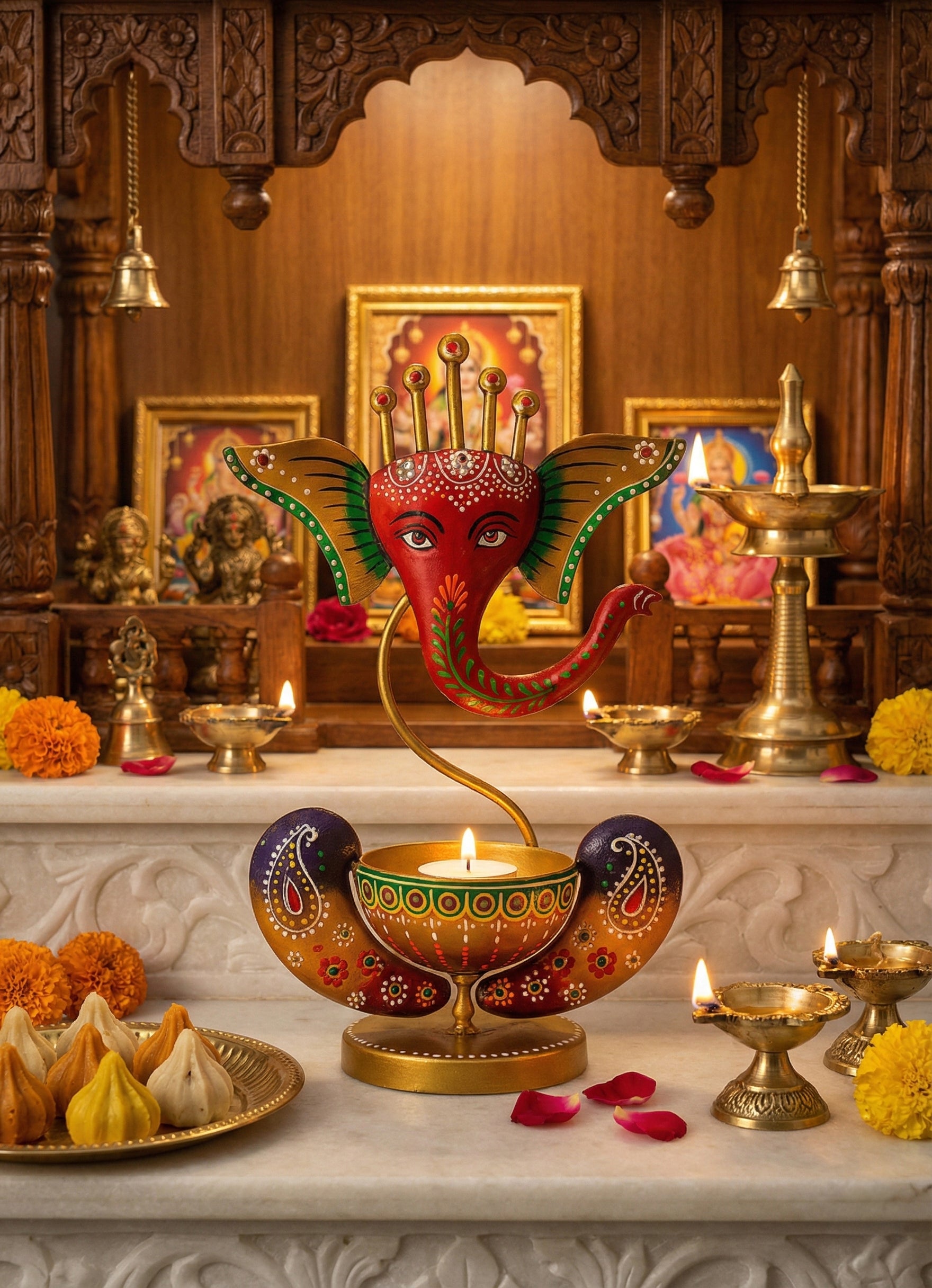 Handcrafted Metal Ganesha T-Light Holder | Diwali Decor | Pooja Temple Candle Stand | Home Decoration Showpiece