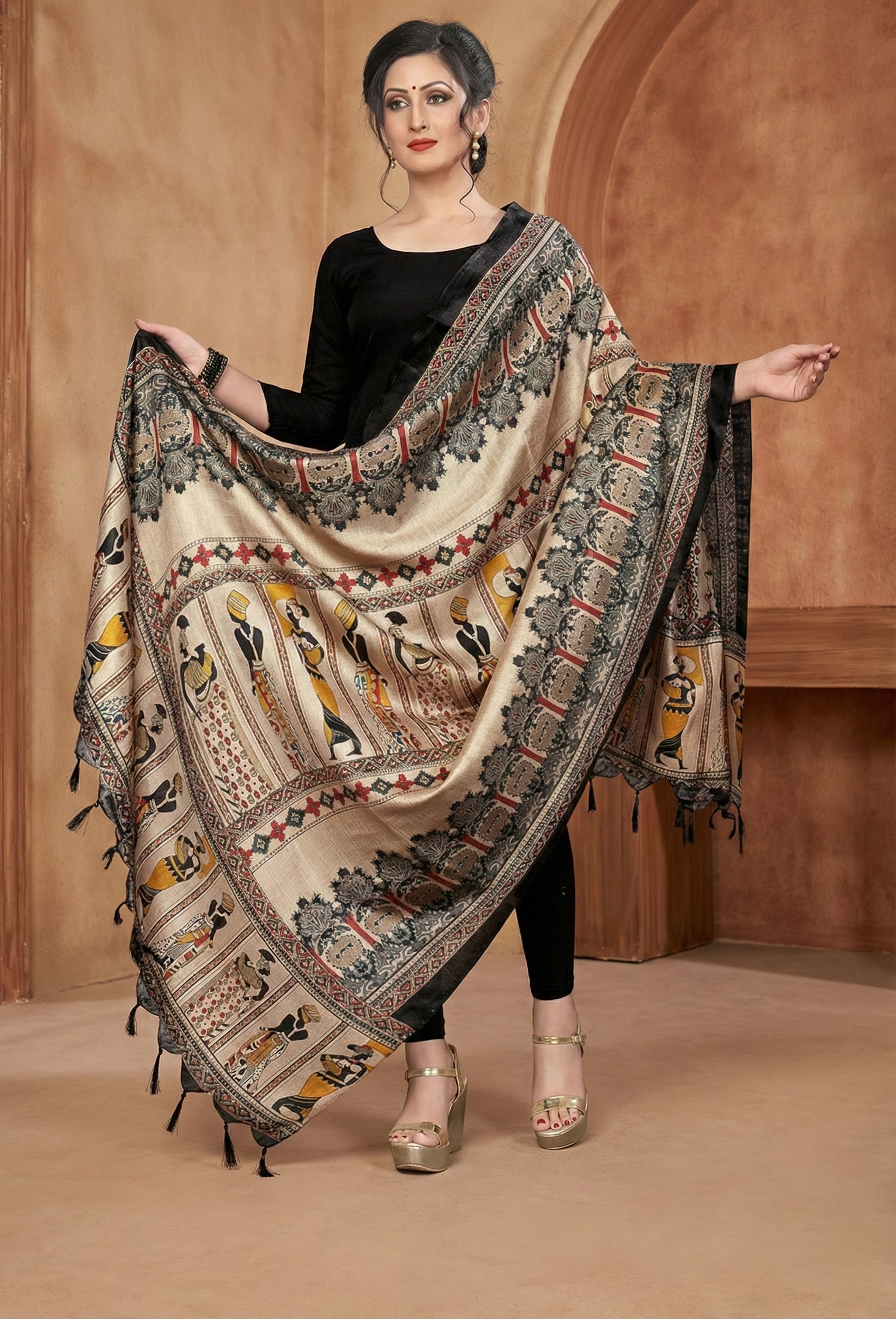 Madhubani Folk Art Print Dupatta for Women | Ethnic Cotton Silk Dupatta with Embroidered Border | Festival & Daily Wear