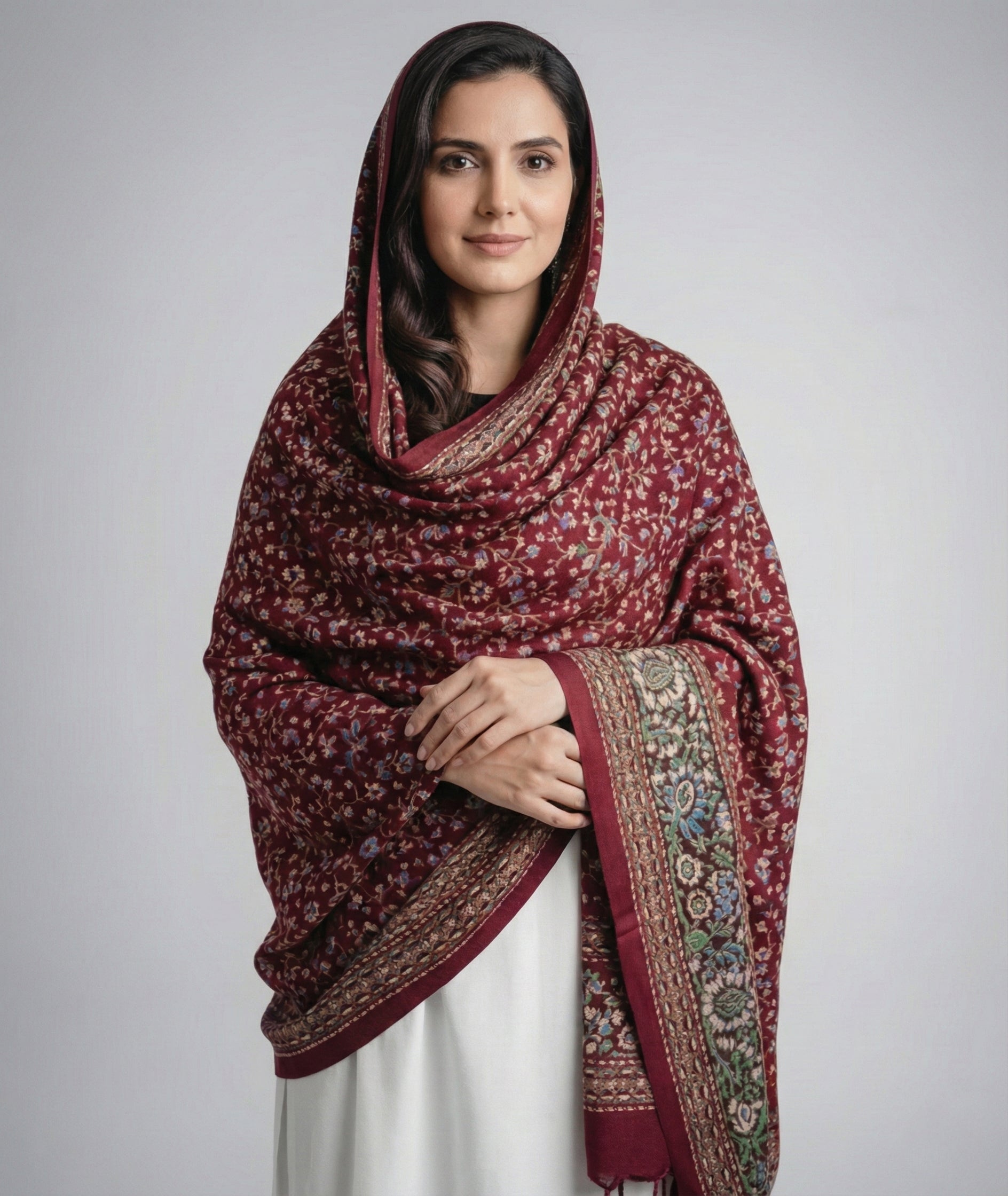Maroon Kashmiri Floral Print Cotton Dupatta | Winter Soft Wrap Stole for Women | Stylish Tassels Border | Daily & Festive Wear