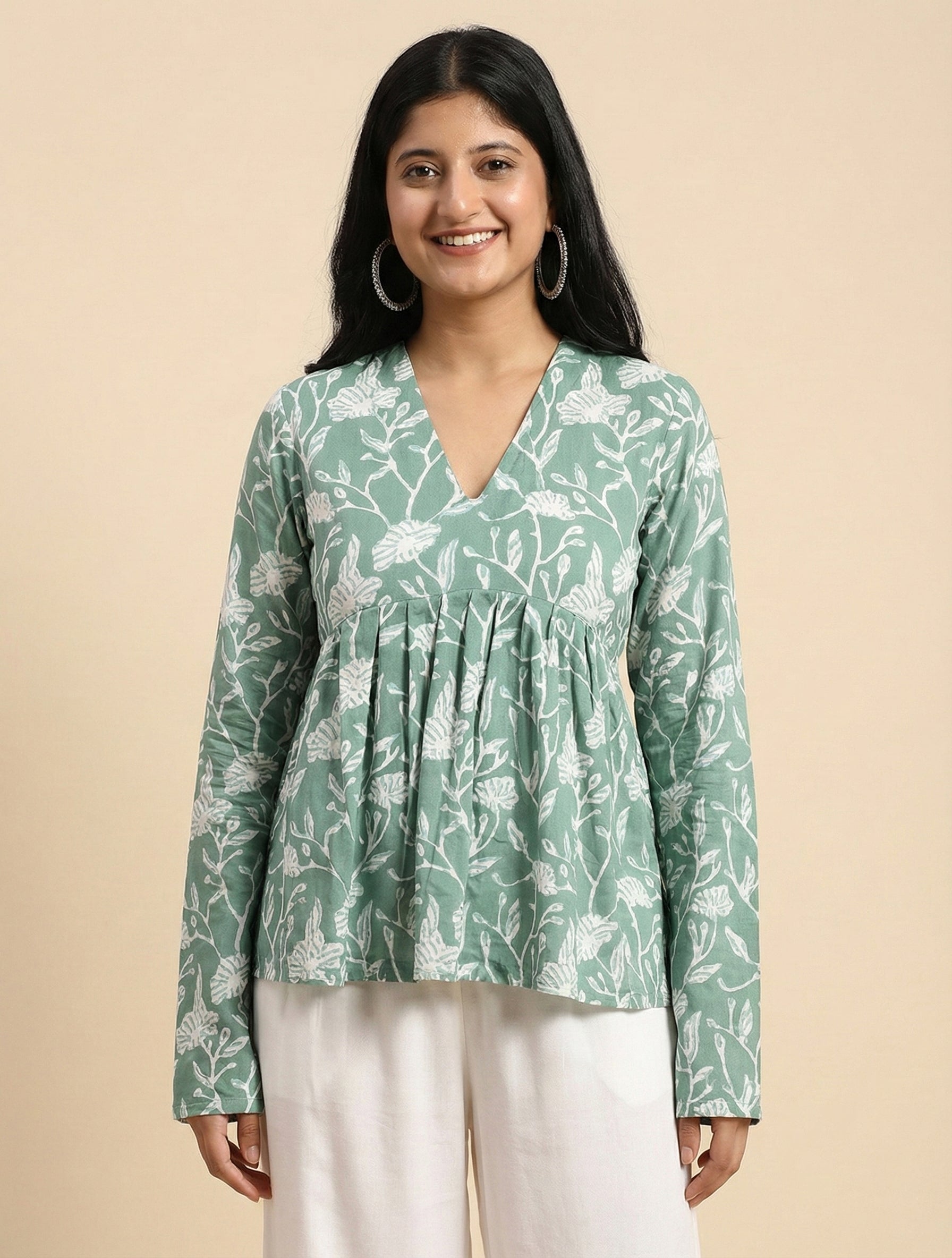 Green Floral Rayon Top for Women | V-Neck Gathering Style | Casual & Office Wear Long Sleeve Top | Light & Comfortable Fabric