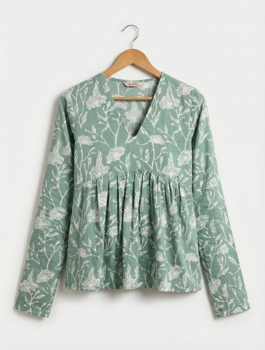 Green Floral Rayon Top for Women | V-Neck Gathering Style | Casual & Office Wear Long Sleeve Top | Light & Comfortable Fabric