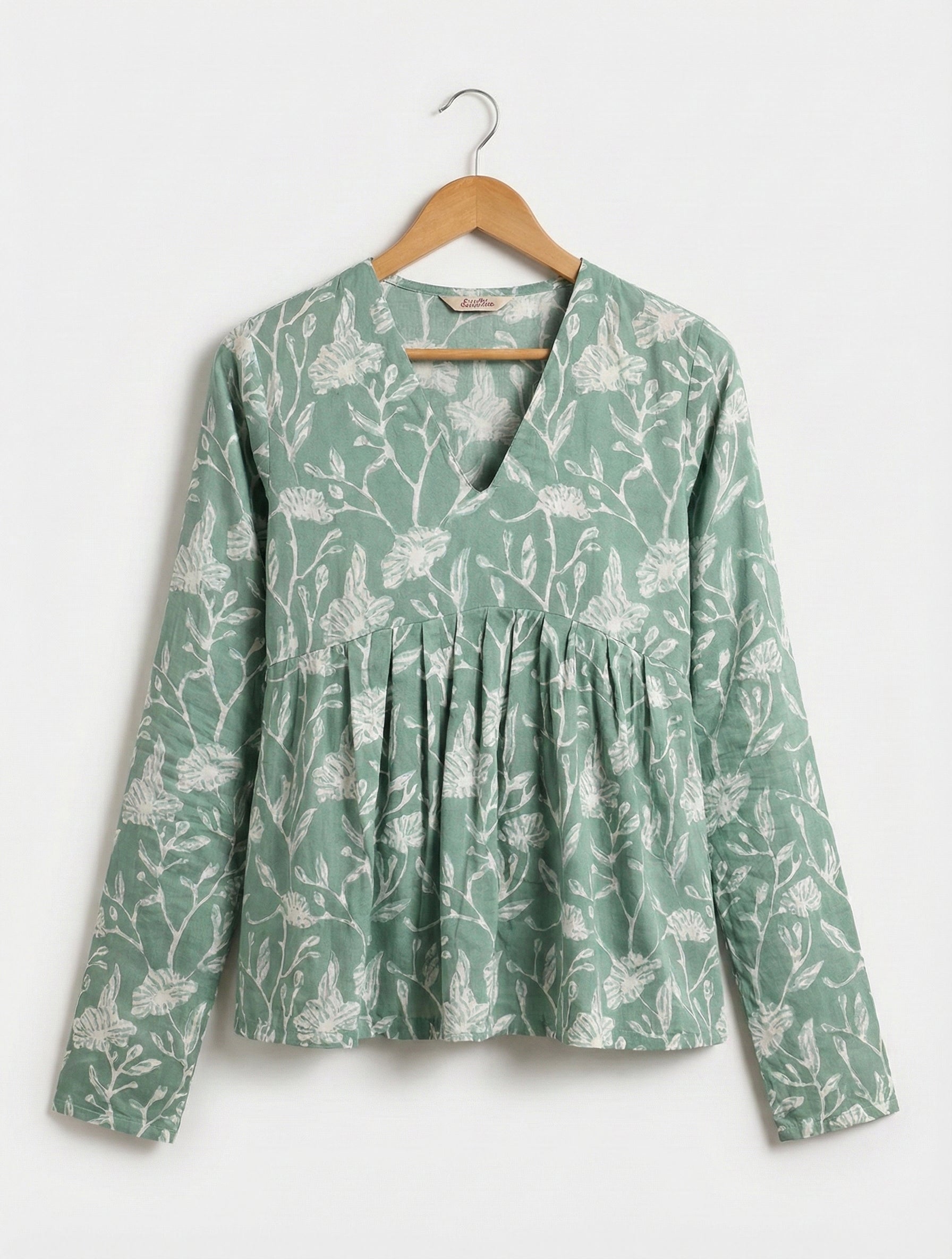 Green Floral Rayon Top for Women | V-Neck Gathering Style | Casual & Office Wear Long Sleeve Top | Light & Comfortable Fabric