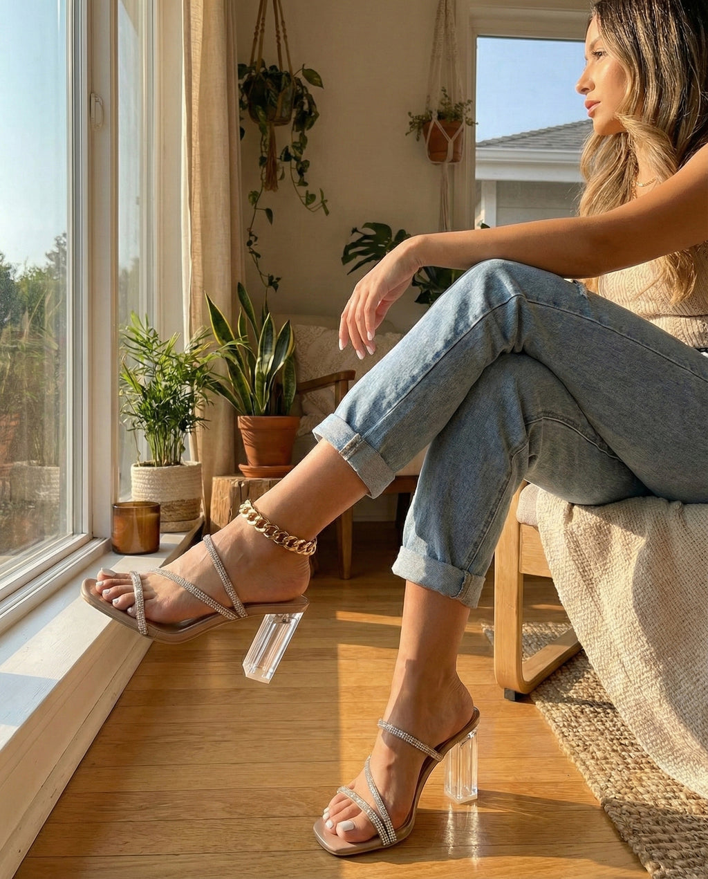 Crystal Block Heel Sandals for Women | Rhinestone Strappy Party Heels | Transparent High Heels | Open Toe Slip-On Fashion Sandals